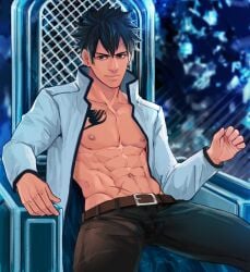 abs belt black_hair black_pants blue_eyes chair fairy_tail fit_male gray_fullbuster happy_trail male male_only maorenc open_shirt scars sitting_on_chair sitting_on_throne solo solo_male tattoo throne white_shirt