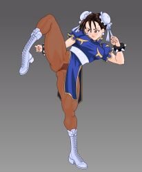 ass ass_from_the_front butt_from_the_front chun-li embarrassed female female_focus female_only going_commando kick kicking leg_raised no_panties pantyhose potan raised_leg spread_legs street_fighter