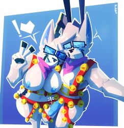 2024 5_fingers anthro anthro_on_anthro antlers bandana becoming_erect bell bell_harness belly_tuft big_breasts black_eyes black_nose blue_antlers blue_background blue_body blue_eyewear blue_fur blue_glans blue_glasses blue_inner_ear blue_nipples blue_penis blush border breasts cute_fangs deer exclamation_point eyewear female fingers fur genitals gesture glans glasses grey_body grey_fur half-erect hand_gesture happy_nude_deer harness heart hi_res hip_grab hooved_fingers hooves horn humanoid_genitalia humanoid_penis hybrid_genitalia hybrid_penis intraspecies kerchief looking_at_another looking_at_viewer looking_down male male/female mammal medial_ring medial_ringed_humanoid_penis mostly_nude mtf_crossgender nipples one_eye_closed open_mouth penis pie_cut_eyes pose pupils purple_bandanna purple_kerchief rule_63 selfcest simple_background skweekers smile speech_bubble spot_(skweekers) square_crossover thick_thighs tuft v_sign vein veiny_penis white_body white_border white_fur white_pupils wide_hips wink