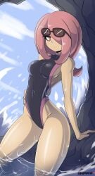 1girls 2020 bigdeadalive black_swimsuit female female_only hair hair_over_one_eye hand_on_hip headwear hips little_witch_academia long_hair medium_breasts one-piece_swimsuit pink_hair red_eyes solo solo_female sucy_manbavaran sunglasses sunglasses_on_forehead swimsuit swimwear thick_thighs thighs water wide_hips