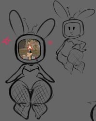 1girl 1girls 2024 angry angry_vein bunny_ears bunnysuit commission commissioner_upload cumlord cumlord_(artist) cute doom eyelashes fishnets game hand_on_hip happy just_coffee minerva_(gardesnorela) monochrome roblox roblox_avatar sketch solo solo_female thick_thighs tv tv_head video_games