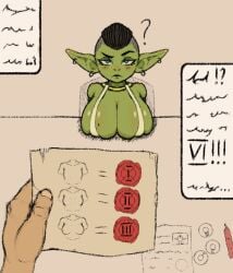 1girls ? blue_eyes breasts_on_table female first_person_view goblin goblin_female green_skin huge_breasts keelpowah pov raised_eyebrow