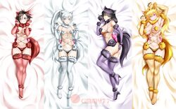 4girls black_hair black_panties blake_belladonna blonde_hair blue_eyes boots breasts cleavage cosplay dangerous_beast faunus female female_only high_heels human kimmy77 lavender_eyes long_hair multiple_girls red_highlights red_panties ruby_rose rwby short_hair sideboob silver_eyes smile team_rwby thighhighs weiss_schnee white_hair white_panties wolf_ears wolf_tail yang_xiao_long yellow_eyes yellow_panties