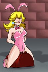 1girls arms_behind_back bare_legs bare_shoulders bare_thighs blonde_hair bondage bowtie breasts bunny_ears bunnysuit closed_eyes clothing dungeon earrings enslaved_royal female female_only femsub full_body high_heels indoors mario_(series) nintendo pink_bunny_ears pink_bunnysuit princess_peach riccardus97 royalty sex_slave slave sole_female solo squirming submissive_female thighs wooden_horse