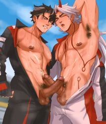 2boys abs anime_style arataki_itto armpit_hair balls ballsack biker_clothes black_hair body_hair chest_hair cock cumming cumming_together dick gay genital_fluids genitals genshin_impact hairy_male looking_at_viewer male male/male male_focus male_only massive_penis muscles muscular muscular_male orgasm orgasm_face smile smiling smirk smirking sombre_slahc white_hair wriothesley_(genshin_impact) yaoi