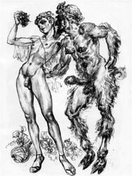 boner erection ernst_georg_hildebrandt ernst_georg_martin_hildebrandt ernst_hildebrandt fictional_interracial flaccid gay hooves horn human interspecies male male/male male_on_male male_only monochrome penis satyr