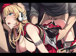 4boys areolae ass black_panties blonde_hair blue_eyes blush breasts breasts_out cellphone censored cleavage clothing commentary_request cum deepthroat earphones evelysse_(star_ocean) eyebrows_visible_through_hair female gangbang garter_straps group_sex holding holding_phone irrumatio large_breasts male_pubic_hair mosaic_censoring multiple_boys nagioka_(sblack) nipples oral panties penis phone pubic_hair rape sblack sex smartphone solo_focus spitroast star_ocean star_ocean_anamnesis threesome underwear