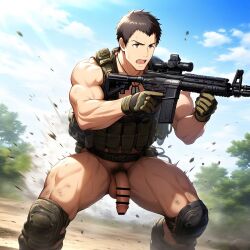 1boy ai_generated brown_hair dirty gun hatopo005 idolmaster idolmaster_side-m male_focus male_only outdoors penis pubic_hair shingen_seiji solo tactical_gear weapon