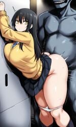 1boy 1girls ai_generated ass big_ass black_hair expressionless female from_behind ghost leaning_against_wall male mieruko-chan monster necktie panties_down school_uniform sex sweater thick_thighs yellow_eyes yotsuya_miko