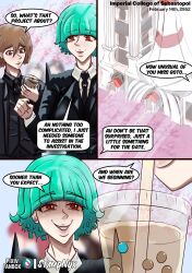 boba_tea brown_eyes brown_hair building comic english_text female female_only goto_ryuna(stampnyx) green_hair okada_rin(stampnyx) red_eyes sakura_tree stampnyx suit suit_and_tie tagme