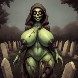 1girls ai_generated body_horror cemetery cloak clothing female female_only frosting.ai graveyard hourglass_figure huge_breasts milf mostly_nude orange_eyes partially_clothed purple_letter solo solo_female solo_focus thick_thighs thighs wide_hips zombie zombie_girl