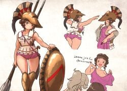 3girls ancient_greece armor ass bare_arms bare_thighs bedroom_eyes blush brown_eyes brown_hair chiton cleavage contrapposto corinthian_helmet curly_hair english_text falcata flexing greaves greek heart helmet historical holding_polearm holding_weapon hoplite ironlily light_skin light_skinned_female linothorax looking_at_viewer looking_over_shoulder medium_breasts multiple_girls muscular_female pink_clothing polearm ponytail scabbard sheath shield sideboob sidelocks smile spartan spear sword thick_thighs thighs undressing vanishlily weapon