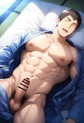 1boy abs ai_generated bed bedroom brown_hair closed_eyes hatopo005 idolmaster idolmaster_side-m lying lying_on_back male_focus male_only penis pillow robe shingen_seiji sleeping solo