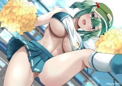 alternate_costume bleachers blue_eyes blue_hair blue_skirt blunt_bangs blush breasts cheerleader crop_top crop_top_overhang cute_fang feet_out_of_frame female flat_cap green_headwear hair_between_eyes hair_bobbles hair_ornament hat highres kagiyama_shachou kawashiro_nitori large_breasts leg_up lens_flare looking_at_viewer medium_hair miniskirt navel nitori_kawashiro no_panties open_mouth partially_visible_vulva pleated_skirt pom_pom_(cheerleading) pussy_peek shirt skin_fang skirt sleeveless sleeveless_shirt smile solo sweat touhou two_side_up underboob