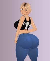 1girls ass ass_focus big_ass black_tank_top black_topwear blonde blonde_female blonde_hair blue_eyes blush bubble_ass dyed_hair eyebrow_piercing fat_ass fat_ass_teen female female_focus g3mma gwen_stacy gwen_stacy_(spider-verse) jeans large_ass looking_back marvel marvel_comics purple_background roots_(hair) round_ass short_hair solo solo_female solo_focus spider-gwen spider-man:_into_the_spider-verse spider-man_(series) superheroine thick thick_ass tight_pants tooth_gap venom_(marvel)