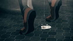 bent_over black_legwear brown_footwear close-up commentary_request cum cum_pool cumdrip feet female from_below highres indoors kemuri_haku loafers original pussy_juice pussy_juice_puddle pussy_juice_stain shoes socks solo tile_floor tiles tiptoes toilet