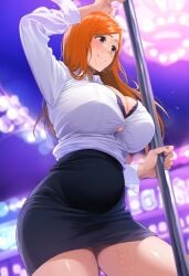 ai_generated alternate_costume bleach bleach:_the_thousand-year_blood_war bodily_fluids bra brzezy busty cleavage embarrassed exotic_dancer formal_clothes holding_object holding_pole hourglass_figure inoue_orihime long_hair nai_diffusion nightclub office_lady oppai orange_hair pole pole_dancer pole_dancing shirt show shy skirt smile stable_diffusion standing strip_club stripper stripper_pole sweat sweatdrop underwear very_long_hair