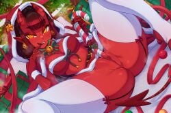 1girls bottomless bottomless_female bra breasts christmas christmas_lingerie christmas_outfit demon demon_girl demon_horns demon_tail devil_horns devil_tail female female_only horns humanoid laying_on_back meru_(merunyaa) meruccubus_(merunyaa) merunyaa mistletoe mole mole_under_eye multicolored_eyes original original_character phallic_looking pointy_ears pussy red_skin ribbon rounded_leaves solo stirrup_legwear succubus succubus_horns succubus_tail uncensored vagina white_berries white_legwear yellow_eyes