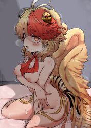 absurdres animal animal_on_head ball_gag bird bird_on_head bird_tail bird_wings blonde_hair breasts cleavage collarbone female gag highres horrified looking_at_viewer medium_breasts motion_lines nipples niwatari_kutaka nude on_head open_mouth orange_eyes scared shadow shika_miso solo sweat tail tears touhou trembling wings