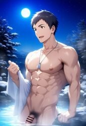 1boy abs ai_generated brown_hair hatopo005 hot_spring idolmaster idolmaster_side-m male_focus male_only outdoors penis shingen_seiji solo towel