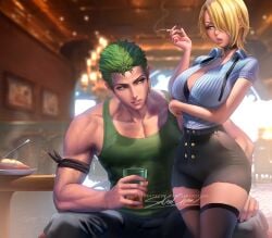 1boy 1girls ass big_breasts black_bra black_pants black_thighhighs blonde_hair blue_eyes bra breasts buttons cigarette collared_shirt drink earrings female female_focus food frown genderswap_(mtf) green_hair hair_over_one_eye holding holding_cigarette holding_drink indoors jewelry large_breasts looking_at_another male medium_hair muscular muscular_male necktie one_piece open_mouth pants roronoa_zoro rule_63 sakimichan shirt short_hair shorts smoke thick_thighs thighhighs thighs underwear veins vinsmoke_sanji zettai_ryouiki