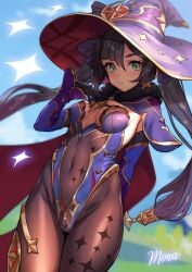 1girls bodysuit brown_hair cameltoe female female_only genshin_impact green_eyes mona_(genshin_impact) nylons ogre_(illustogre) small_breasts smaller_female solo witch witch_costume witch_hat