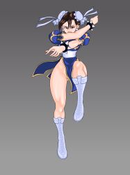 blue_dress boots chun-li dress female female_only going_commando no_panties potan street_fighter thick_thighs thighs white_boots