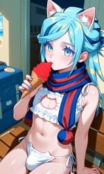 1boy ai_generated bench blue_eyes blue_nails bra bulge cat_cutout cat_ears cherry cherry_ice_cream feline femboy grusha_(pokemon) ice_cream ice_cream_cone lingerie male nails_painted otoko_no_ko outside_view panties penis pokemon scarf soft_serve sunshine thighs