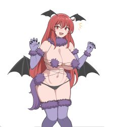 absurdres bat_wings black_panties breasts cleavage commentary cosplay elbow_gloves english_commentary fate/grand_order fate_(series) female fur-trimmed_collar fur-trimmed_gloves fur_bikini fur_trim gloves head_wings highres koakuma large_breasts long_hair looking_at_viewer mash_kyrielight mash_kyrielight_(dangerous_beast) mash_kyrielight_(dangerous_beast)_(cosplay) mata_(matasoup) multi_wing navel open_mouth panties purple_gloves purple_thighhighs red_eyes red_hair revealing_clothes sharp_teeth sidelocks solo tail teeth thighhighs touhou underwear white_background wings wolf_tail