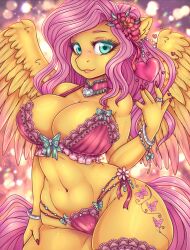 1girls anthro bedroom_eyes big_breasts bra breasts cheezayballz clothing cowboy_shot cutie_mark equid equine fluttershy_(mlp) friendship_is_magic fur furry furry_only green_eyes hasbro holidays jewelry long_hair mammal my_little_pony navel panties pegasus pink_hair pink_nails ring seductive smile tail underwear valentine's_day wings yellow_body yellow_fur