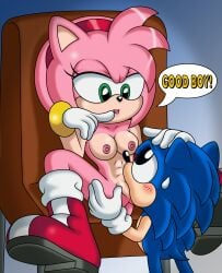 2017 abs absurd_res age_difference amy_rose anthro blush bodily_fluids boots boots_only breasts casual chair classic_sonic classic_sonic_(universe) clothing cunnilingus duo english_text eulipotyphlan exposed_torso eye_contact female footwear footwear_only furniture genitals gloves green_eyes hand_on_another's_head handwear hedgehog hi_res larger_female looking_at_another male male/female mammal mostly_nude nipples older_female oral pussy sega sex sitting size_difference small_breasts smaller_male sonic_(series) sonic_the_hedgehog sonic_the_hedgehog_(series) sonictopfan sweat text vaginal vaginal_penetration younger_male