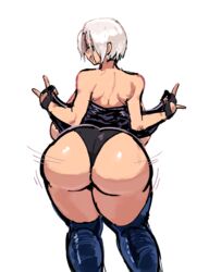 1girls angel_(kof) ass ass_shake big_ass breasts dreaminerryday facing_away female fingerless_gloves flashing huge_ass king_of_fighters latina open_shirt short_hair solo striptease teasing white_hair