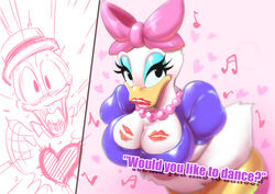 1boy 1girls anthro anthro_only big_breasts bimbo black_and_white black_eyes blush busty cleavage curvy daisy_duck disney donald_duck duck english_text eyelashes eyeshadow female front_view furry hat humanoid large_breasts lipstick lipstick_mark lipstick_on_beak lipstick_on_bill lipstick_on_breast looking_at_viewer makeup necklace pearl_necklace pose posing purple_shirt red_lipstick ribbon rough_sketch shadow shiny shiny_skin simple_background sketch soft_feathers steam sweat swimsuit text voluptuous zxcv