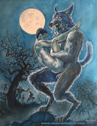 2018 anthro balls bodily_fluids canid canine canis claws erection fangs full_moon gay hi_res human imminent_death imminent_vore male male/male male_only mammal marc_debauch moon penis saliva sex sharp_teeth size_difference teeth were werecanid werecanine werewolf wolf yaoi