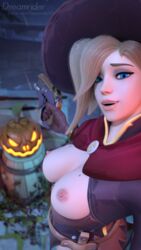 1girls 3d alternate_costume areolae blender breasts dreamrider female female_only looking_at_viewer mercy nipples overwatch selfie solo witch_mercy