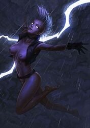 areolae armlet armpits ass athletic bare_arms bare_legs bare_midriff bare_shoulders barefoot belt breasts busty choker dark-skinned_female dark_skin female female_focus female_only flying functionally_nude gloves jacket lightning lightning_bolt marvel marvel_comics medium_breasts mohawk navel nipples ororo_munroe pinup pose posing pubic_hair pubic_hair_peek punk rain sentientbrush sleeveless_jacket soles solo storm_(x-men) white_eyes white_hair x-men