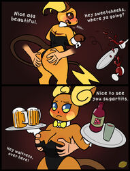 2girls alcohol alolan_raichu ambiguous_gender armpits ass beer beverage big_ass big_breasts big_ears blue_eyes blush bodysuit breast_grab breasts bunnysuit disembodied_hand english_text eye_contact female fur grabbing_from_behind grope groping hand_on_breast hand_on_butt hi_res huge_breasts human lemondude looking_at_viewer male mammal molestation nintendo orange_body orange_fur pokémon_(species) pokemon pokemon_(species) pokemon_rgby pokemon_sm questionable_consent raichu rodent simple_background tail text thick_thighs thin_waist video_games waiter waitress wide_hips wine