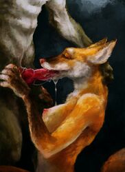 2019 animal_genitalia animal_penis anthro anthro_on_anthro bodily_fluids breasts canid canine canine_penis cum cum_drool duo fellatio female fox fur genital_fluids gloves_(marking) hi_res knot male mammal markings nipples nude oral orange_body orange_fur penile penis pink_nose red_fox sex straight trisngid white_body white_fur