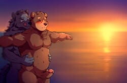 2019 anthro artist_name baiyushou balls belly blush brown_body brown_fur canid canine canis copyright_name duo erection fur gay hug hugging_from_behind humanoid_hands humanoid_penis male male/male male_only mammal moobs navel nipples one_eye_closed penis pubes scar titanic_(1997_film) tongue tongue_out ursid wink wolf