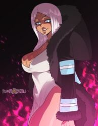 blue_eyes cleavage cross-shaped_pupils dark-skinned_female dark_skin enen_no_shouboutai female female_focus female_only fire_force kameseru pink_background pink_hair princess_hibana seduction seductive seductive_eyes seductive_gaze seductive_mouth seductive_smile solo