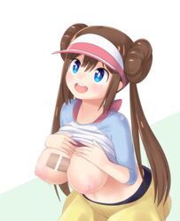 1boy 1girls areolae big_breasts blue_eyes blush breasts_out brown_hair censored clothed clothes croodle disembodied_penis double_bun faceless_male female hat human long_hair looking_away looking_up male nintendo nipples no_bra paizuri pantyhose penis pokemon pokemon_bw2 rosa_(pokemon) shirt shirt_lift skirt smile source_request twintails wide_hips