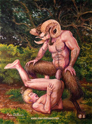 2014 2boys anal bare_back blonde_hair brown_fur brown_hair curved_horns erect_nipples facial_hair fictional_interracial gay goatee hi_res horn horns_and_hooves human interspecies large_penis long_fingernails looking_at_viewer male male/male male_on_male male_only mammal marc_debauch mouth_open nude_male penis piledriver_position pointed_ears satyr sex sharp_fingernails thrusting_into_ass tongue tongue_out url