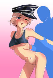 1boy blonde_hair blue_eyes blush bottomless breasts clothing collarbone doggy_style erica_hartmann eyebrows_visible_through_hair female gradient gradient_background hat highres looking_back medium_breasts military_hat navel no_panties one_eye_closed open_mouth pink_background rafale1008 sex shiny shiny_hair shiny_skin short_hair silhouette simple_background smile strike_witches underboob world_witches_series wrist_grab