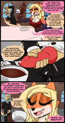 beverage big_breasts bodily_fluids breasts canid canine canis clothing coffee comic cum cum_in_a_cup cum_on_face degradation detailed_background domestic_dog english_text female food food_play fox fur furry furry_only genital_fluids hi_res knot lemondude male mammal multicolored_body multicolored_fur orange_body orange_fur penis precum princess royalty ruining_food servant text