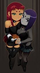 2girls alternate_breast_size big_breasts boots breasts choker cleavage dc dc_comics female female_only fishnets goth goth_mommy holding_hands hourglass_figure large_breasts lesbian looking_at_viewer miniskirt rachel_roth raven_(dc) ravenravenraven side_hug starfire teen_titans thighhighs yuri