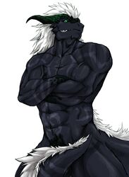 absurd_res anthro balls big_muscles convenient_censorship dragon green_eyes grin hi_res horn kemono looking_at_viewer male male_only muscular muscular_male nude renoky scalie smile solo teeth