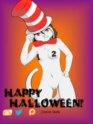 2019 absurd_res anthro blonde_hair bottomless bow_tie brown_hair clothed clothing cosmic_starla domestic_cat dr._suess dr_seuss english_text felid feline felis female fur gradient_background hair halloween hi_res holidays male_focus male_only mammal nipple_stickers nude pussy simple_background solo starla_white text the_cat_in_the_hat the_cat_in_the_hat_(character) white_body white_fur