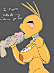 animatronic anthro disembodied_penis five_nights_at_freddy's five_nights_at_freddy's_2 freepancakes huge_breasts long_tongue penis robot robot_girl tongue tongue_out tonguejob toy_chica_(fnaf) yellow_skin