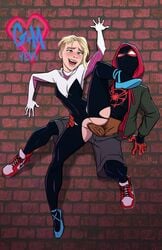 1boy 1girls against_wall balls big_penis blonde_hair blue_eyes bodysuit clothed_sex clothing crotchless dark-skinned_male dark_skin duo eyebrow_piercing female gwen_stacy gwen_stacy_(spider-verse) hair heart interracial male marvel mask miles_morales nike on_wall open_mouth penetration penis piercing pubic_hair pussy sex shoes shorts spider-gwen spider-man:_into_the_spider-verse spider-man_(miles_morales) spider-man_(series) spider_sense stickymon straight straight_hair thick_penis torn_clothes uniform vagina vaginal vaginal_penetration vaginal_sex veiny wall