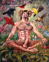 2014 arthropod avian balls bird boner butterfly closed_eyes deity erection european_mythology facial_hair goatee greek_mythology hi_res hooves horn humanoid_penis insects lepidopteran male male_only marc_debauch meditation mythology nipples pan_(deity) penis reptile satyr scalie smile snake solo